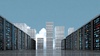 A futuristic data center with towering server racks and a skyline of glass buildings.