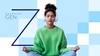 A young woman in a green sweater is meditating while wearing headphones against a blue background.