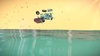 A submerged vehicle partially emerging from water against a pastel-colored sky.
