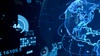 A digital image displaying various futuristic interface elements with global maps and data analytics visuals.