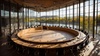 A modern round conference room with a large wooden table and panoramic views of nature.
