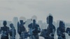 in the point of view of a skyscraper different buildings can be seen from the heights and some business people's figures reflected like they were in front of a glass, representing different family economic businesses