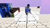 A stylized character is shown in a virtual environment, with a grid floor and colorful background.