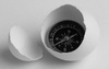 A compass nestled inside a broken eggshell.