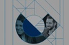 A graphic design featuring two overlapping circular portraits of a smiling woman and a man on a background of geometric shapes.