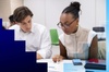 Two students are collaborating on a project at a table in a modern classroom.
