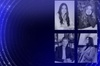 A collage featuring four women in professional settings with a blue abstract background.