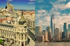 This image showcases a split view of iconic cityscapes with historic architecture on the left and modern skyscrapers on the right.