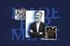 A professional man with gray hair stands confidently in front of a modern office setting with images of teamwork and collaboration in the background.