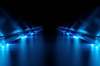 A futuristic corridor illuminated by blue lights against a dark background.