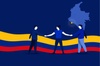 Three people are shaking hands against a background featuring the Colombian flag and a map of Colombia.