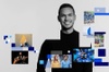Collage of a smiling man overlaid with various images including people, sports, and music, set against a grey background decorated with blue geometric shapes.