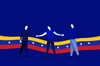 Three individuals shaking hands in front of a vibrant Venezuelan flag.
