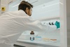A scientist is working in a laboratory environment, handling various containers and equipment.
