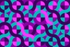 A geometric pattern consisting of overlapping circles in shades of purple, pink, and turquoise on a dark background.