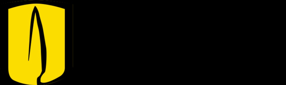 This image features a distinctive logo with a shield shape and a stylized design element in yellow and black.