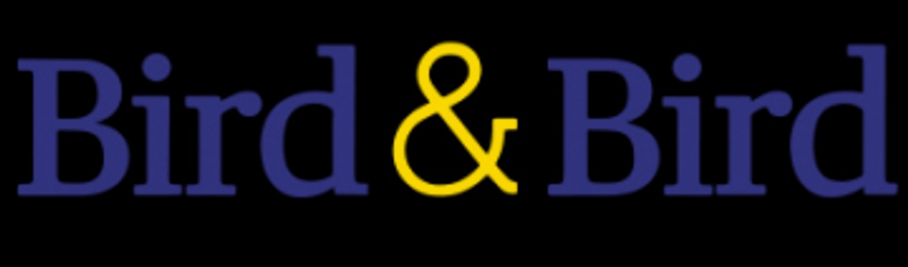 The image shows the logo for 'Bird & Bird', featuring navy blue text and a stylized yellow ampersand.
