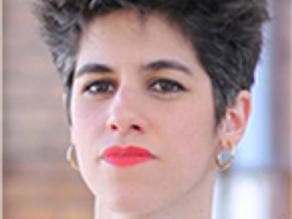 A close-up portrait of a woman with short hair and red lipstick.