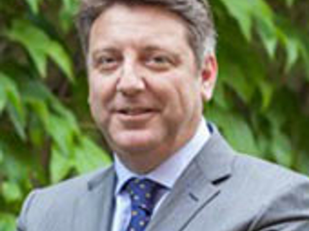 A smiling man in a suit with a blue tie standing outdoors with green foliage in the background.