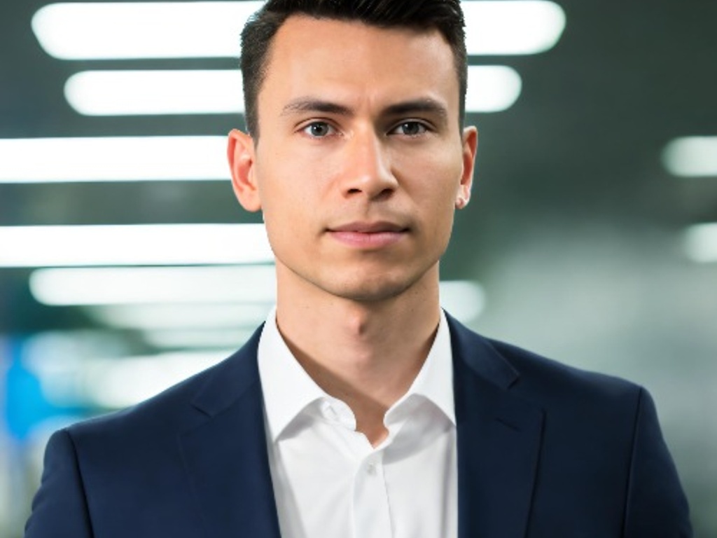 A professional young man in a suit stands confidently in a modern office environment.