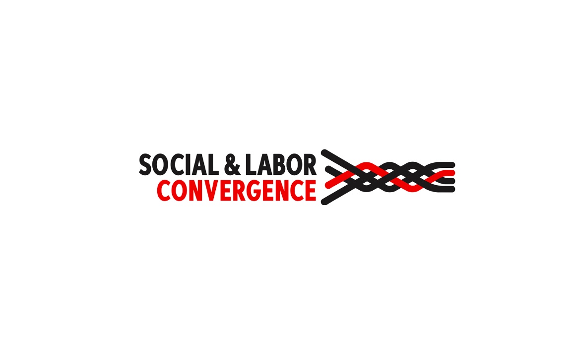 The image features the text 'SOCIAL & LABOR CONVERGENCE' with a graphic of intertwined black and red lines above the text.