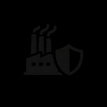 An icon representing a factory with smoke stacks and a shield symbolizing protection.