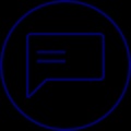 A neon blue icon of a chat bubble with three lines of text inside, presented on a black background.