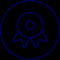 An outline of a circular badge or medal with a ribbon, depicted in a neon blue outline on a dark background.
