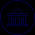 A simple blue outline of a classical building with a dome.
