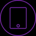 A simplified icon of a tablet device set against a circular background.