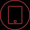 A simple outline of a tablet device in a circular red frame.