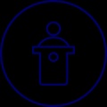 A simple line art of a person delivering a speech at a podium, enclosed within a dark circle.