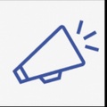 A simple blue line drawing of a megaphone on a white background.