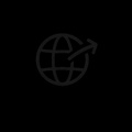 A minimalist depiction of the globe with an upward arrow suggesting global connectivity or growth.