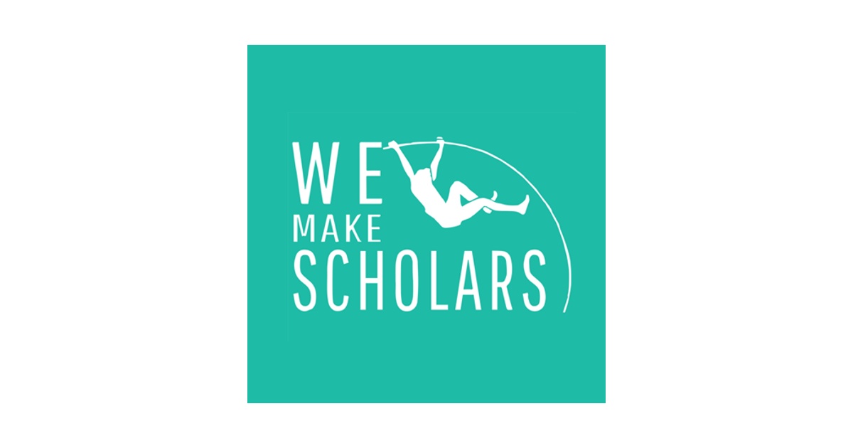 Logo of 'We Make Scholars' featuring a stylized human figure diving over the text within a teal square.