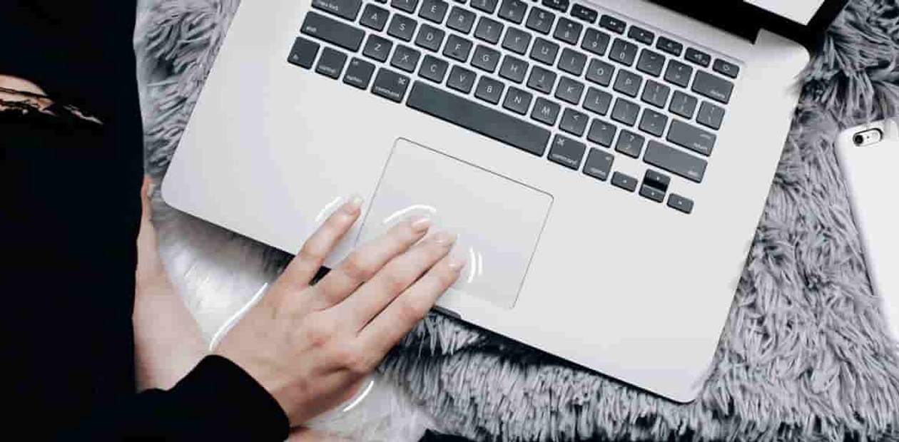 Person using a laptop on a gray fur blanket with a smartphone beside them.