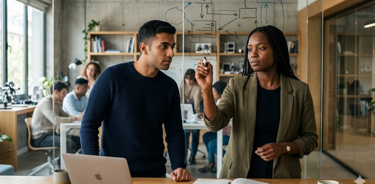 A woman and a man are discussing ideas in a modern office environment.