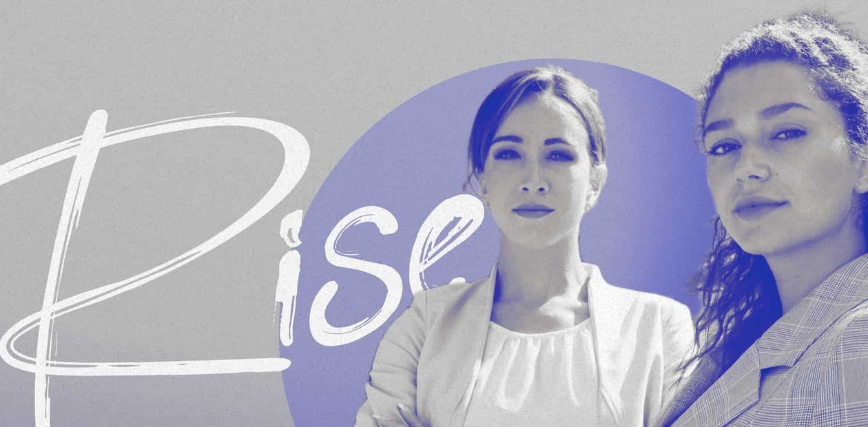 The image features two women looking confidently towards the camera, with a stylized background and the word 'Rise.'