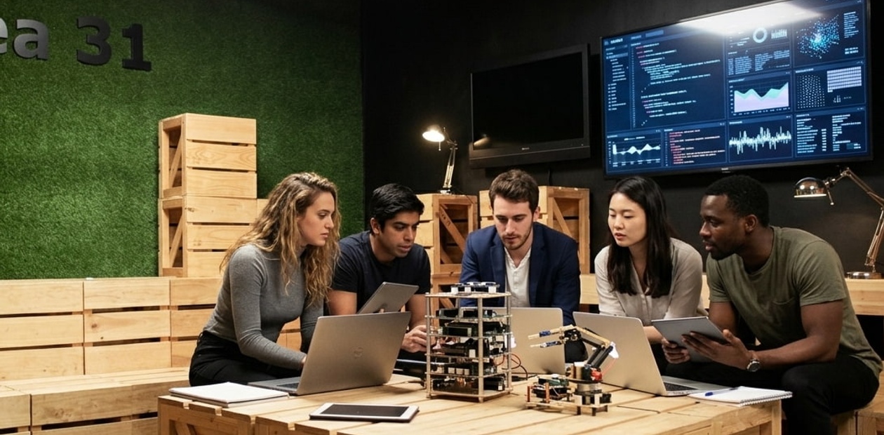 A diverse group of people collaboratively working around a table in a modern workspace.