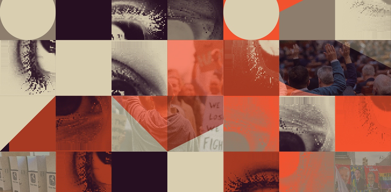 A collage of various images featuring patterns, text, and abstract elements in a color palette of orange, grey, and black.
