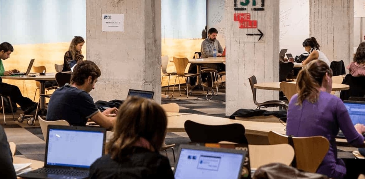 A group of people in a modern indoor workspace using laptops and engaged in various activities.