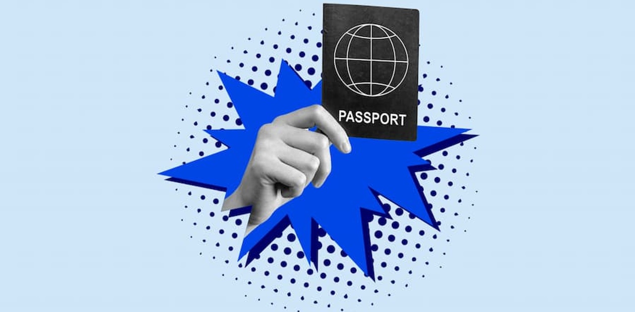 A hand is holding a passport against a blue starburst background.
