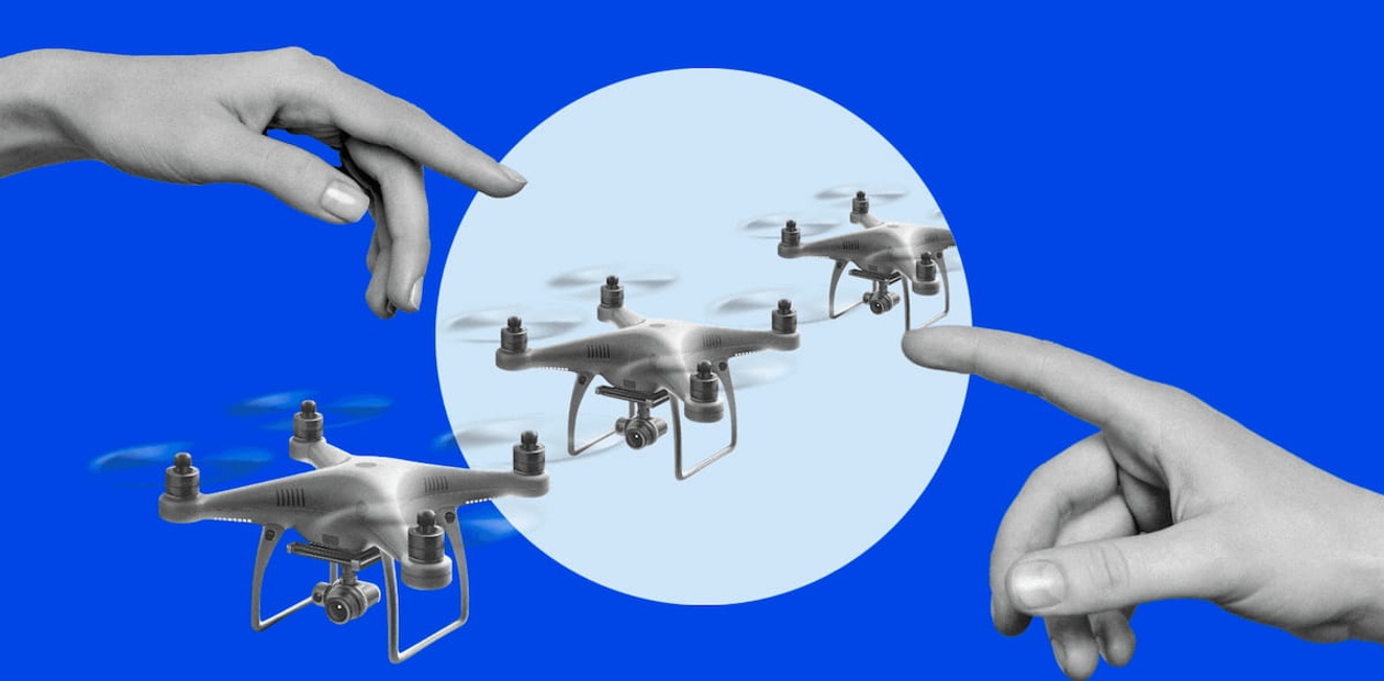A creative representation of hands reaching towards three flying drones against a circular background.