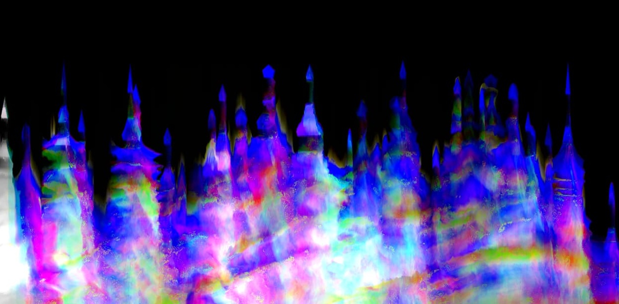 A vibrant abstract representation of a castle silhouette illuminated in various colors against a dark background.