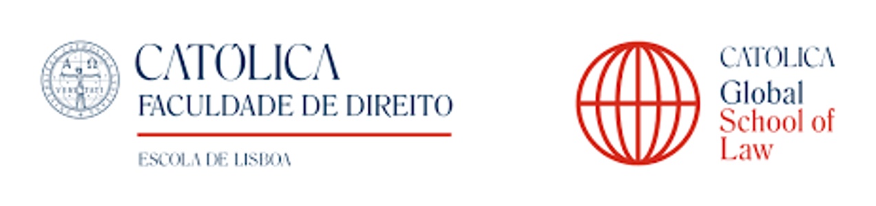 A banner for the Catolica Faculdade de Direito, Escola de Lisboa and Catolica Global School of Law featuring their logos and red graphic elements.