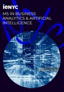 A graphic design showcasing a master's program in Business Analytics and Artificial Intelligence.