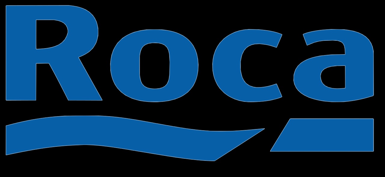 The image shows the logo of Roca in blue text on a black background.