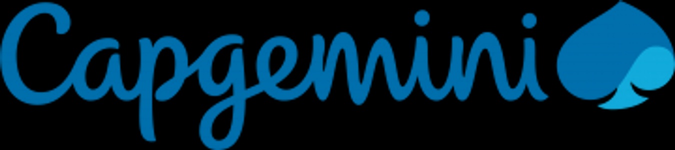 Logo of Capgemini, featuring a stylized wordmark in blue with a light blue water droplet design.