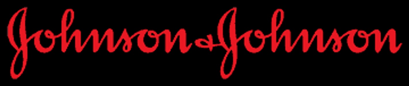 The image shows the logo of Johnson & Johnson in red cursive font on a black background.