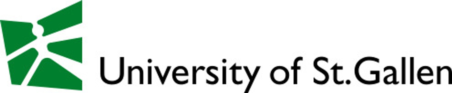 The logo of the University of St. Gallen featuring a stylized figure and green geometric shapes.